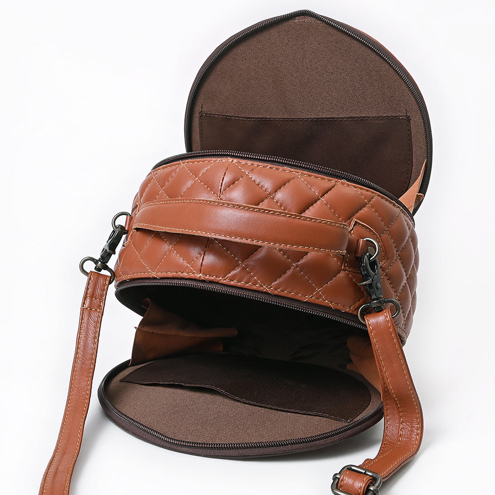 American Darling Black Western Round Canteen Bag Handcrafted from Quilted & Hand-Tooled Genuine Leather | Floral Carved Frame, Buckstitch & YKK Zipper