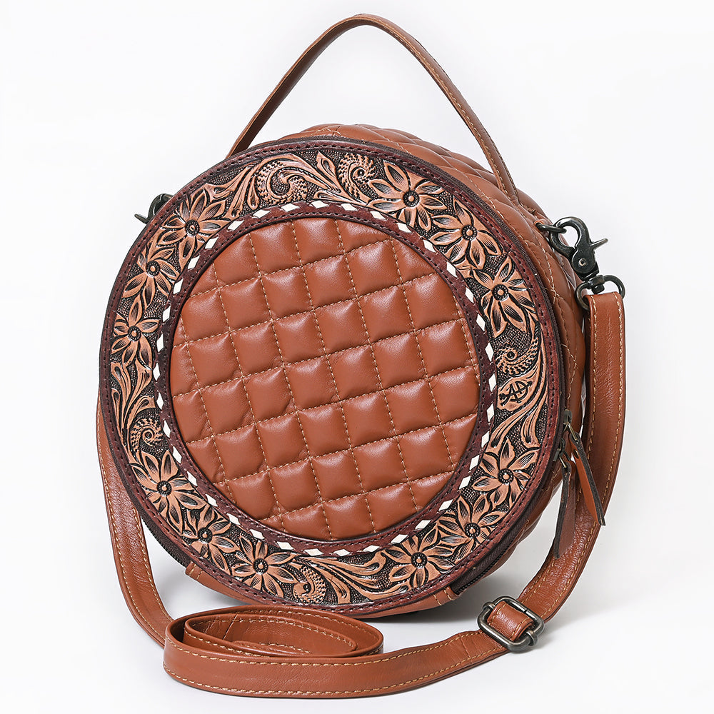 American Darling Black Western Round Canteen Bag Handcrafted from Quilted & Hand-Tooled Genuine Leather | Floral Carved Frame, Buckstitch & YKK Zipper