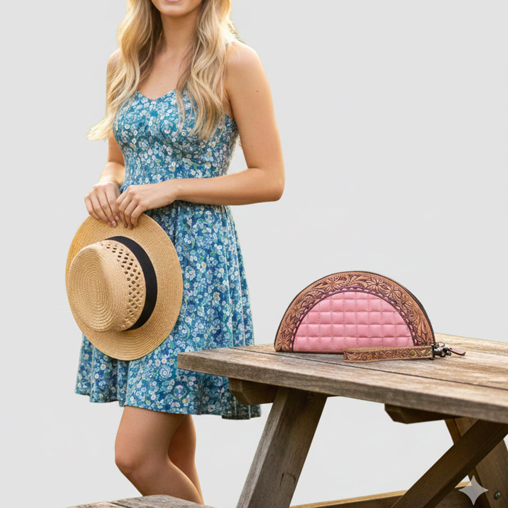 American Darling Western Leather Taco Bag with Quilted Build Hand-Tooled Accents Genuine Leather and Secure YKK Closure