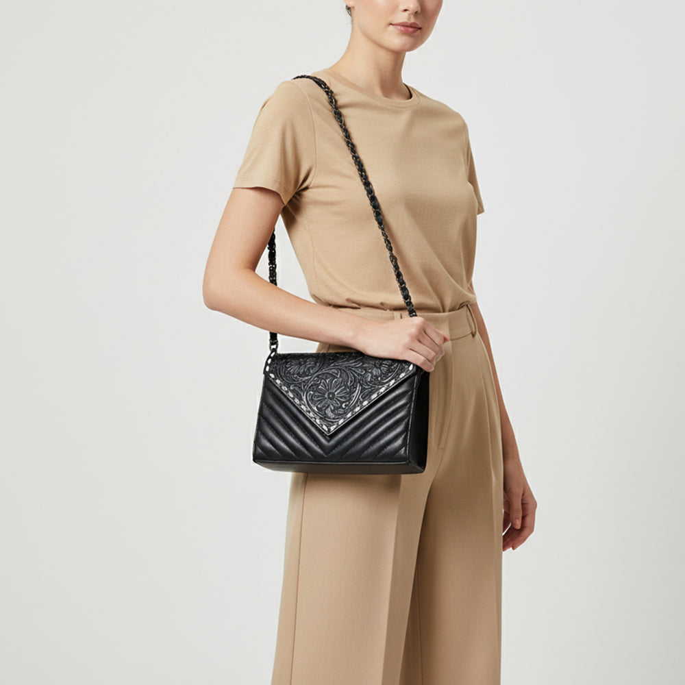 American Darling Envelop Bag, Hand-Tooled Floral & Quilted Genuine Leather Western Crossbody with Buck Stitching and YKK Zipper