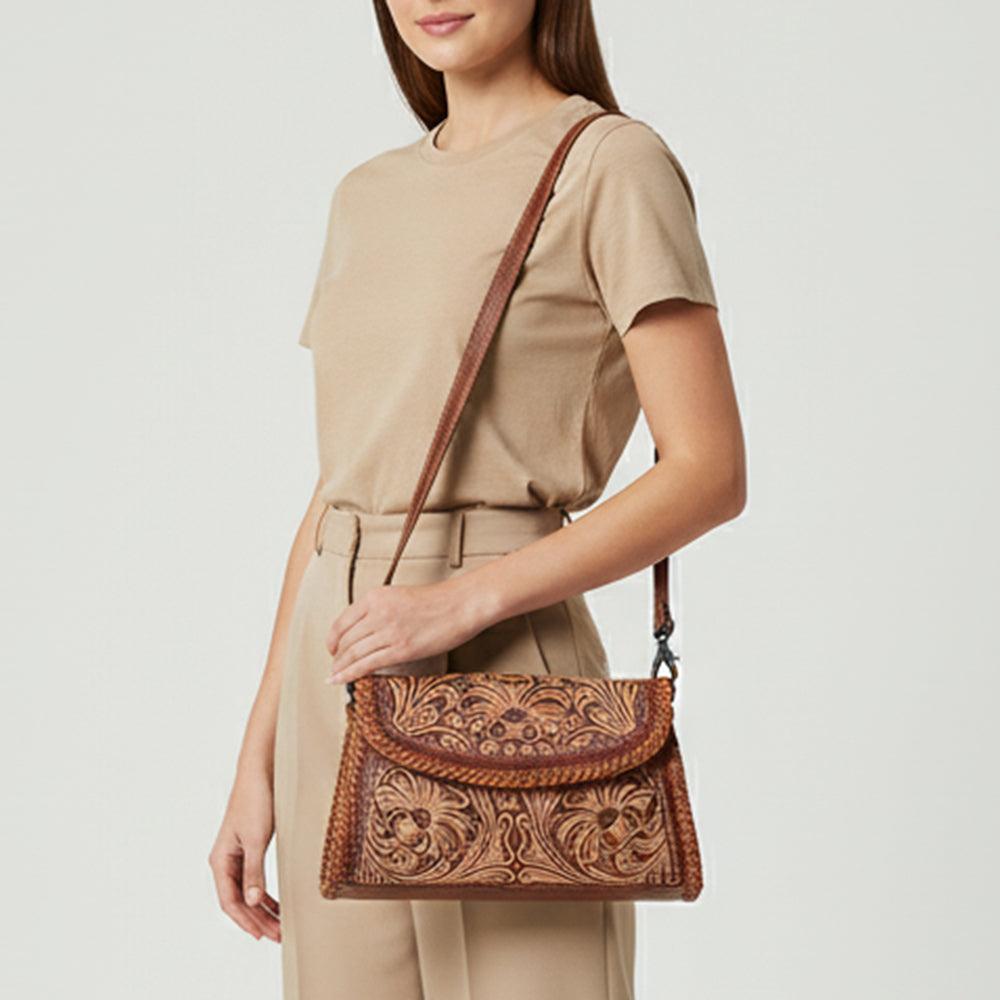 American Darling Small Cross body Bag, Hand Tooled Floral Carved Vegetable-Tanned Genuine Leather Western Purse with YKK Zipper