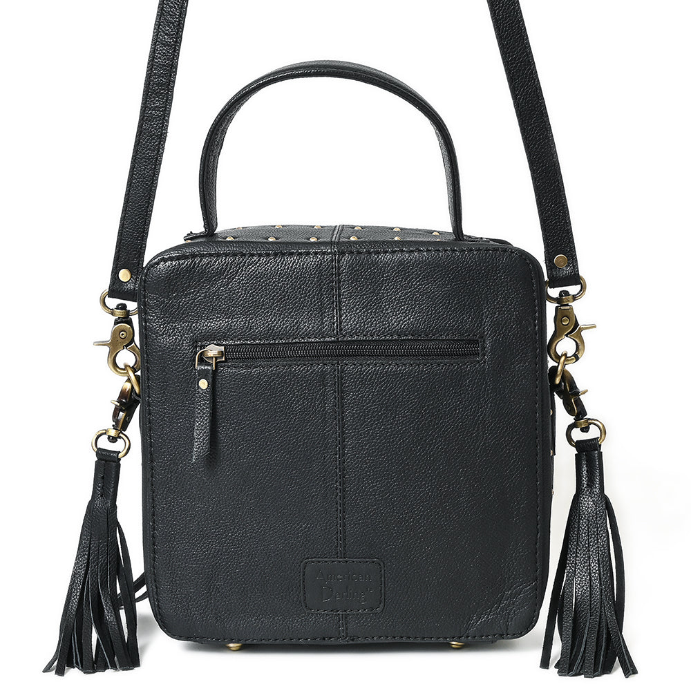 American Darling Large Cross body Bag Hand Tooled Floral Leather Western Purse with Fringes and Buck Stitched Trim