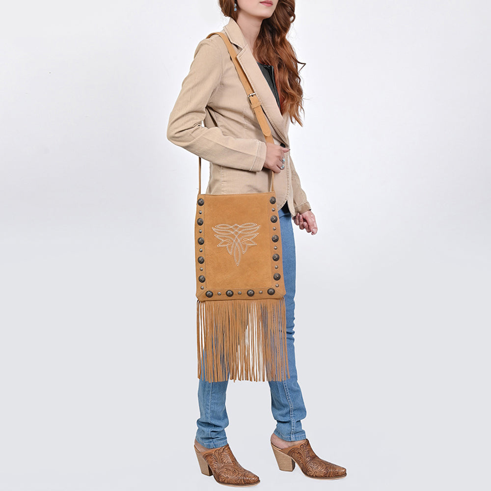 American Darling Chaps Bag Western Suede Leather Crossbody with Fringes Boot Stitched Design and Conchos
