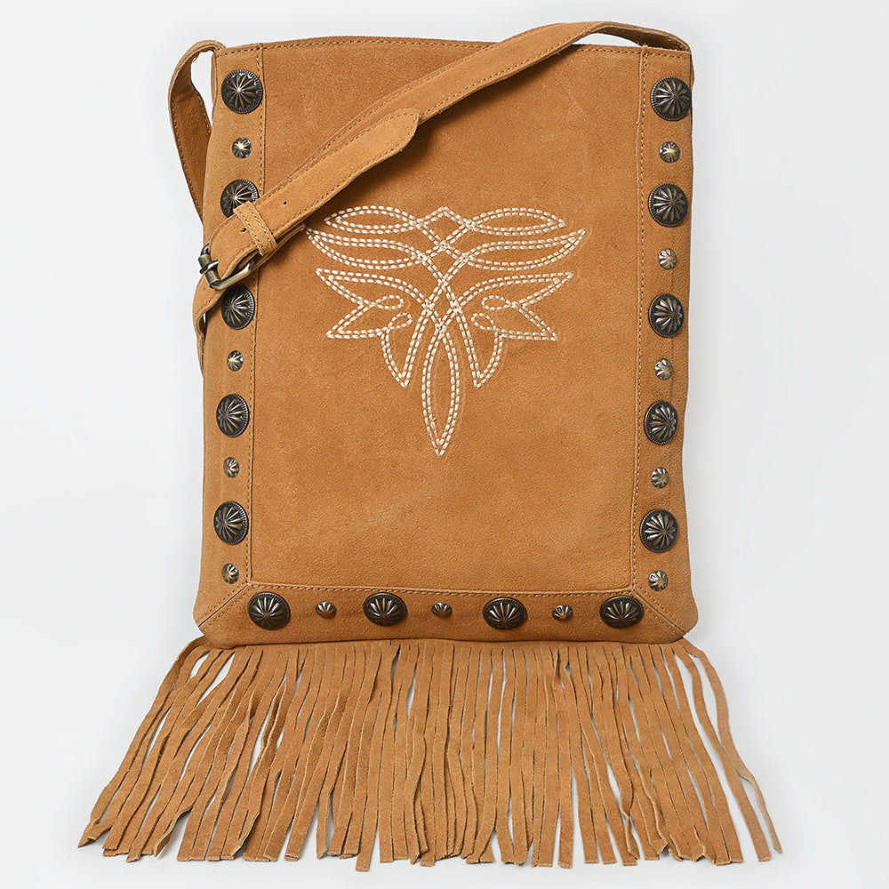 American Darling Chaps Bag Western Suede Leather Crossbody with Fringes Boot Stitched Design and Conchos