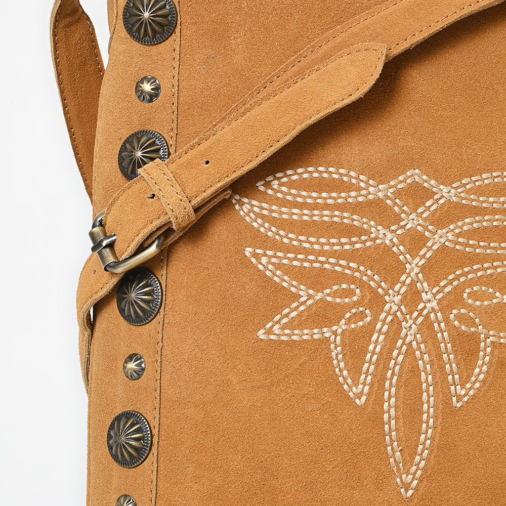 American Darling Chaps Bag Western Suede Leather Crossbody with Fringes Boot Stitched Design and Conchos