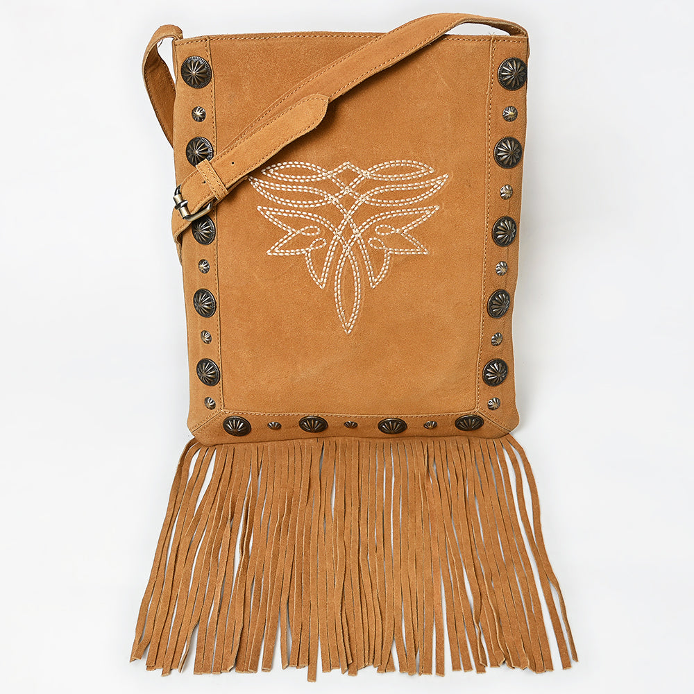 American Darling Chaps Bag Western Suede Leather Crossbody with Fringes Boot Stitched Design and Conchos