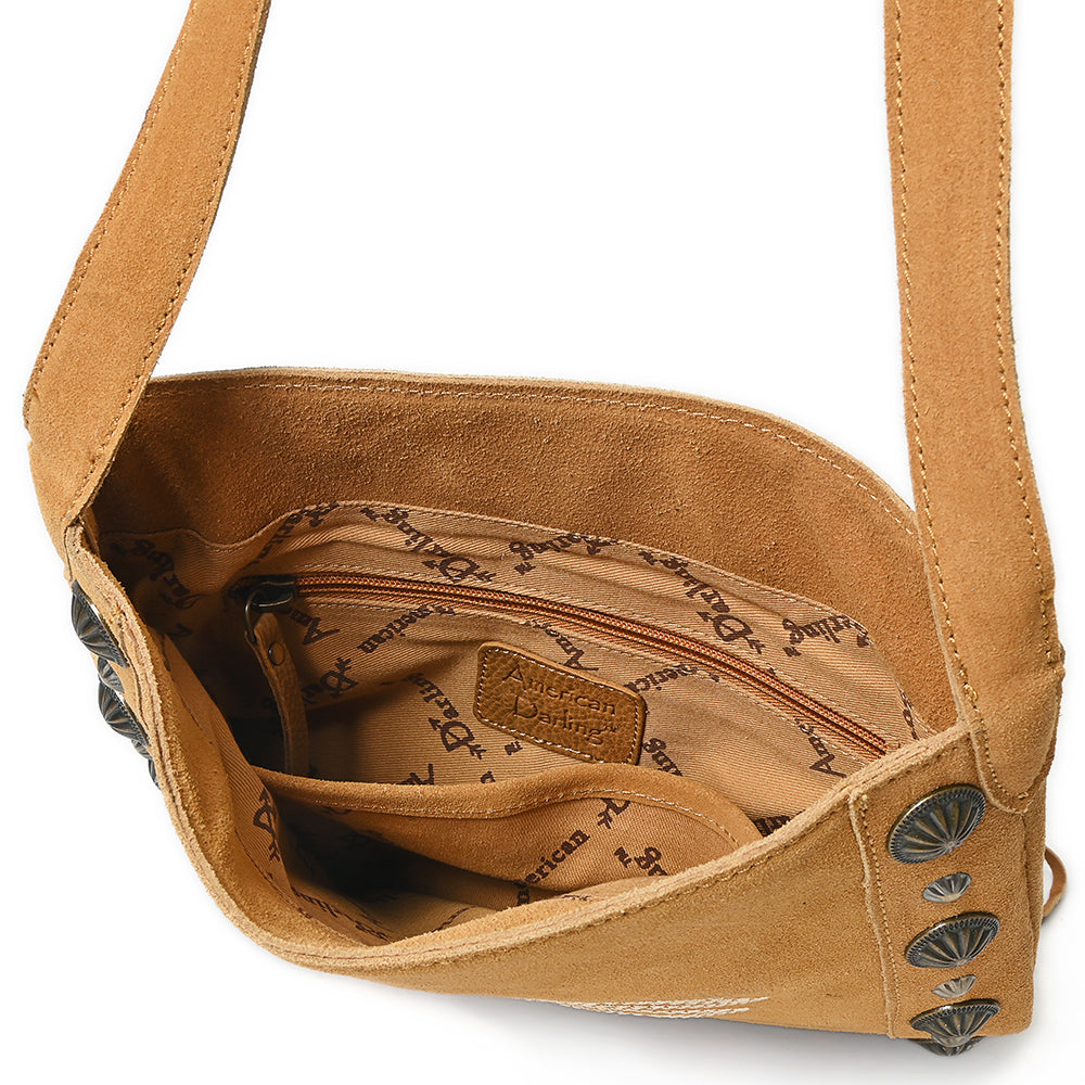 American Darling Chaps Bag Western Suede Leather Crossbody with Fringes Boot Stitched Design and Conchos