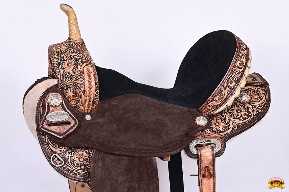 Hilason Western Flex-Tree Floral Hand-Tooled Barrel & Trail Saddle — Antique Brown