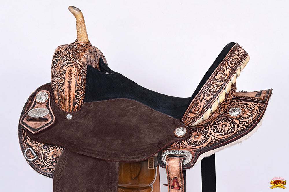 Hilason Western Flex-Tree Floral Hand-Tooled Barrel & Trail Saddle — Antique Brown