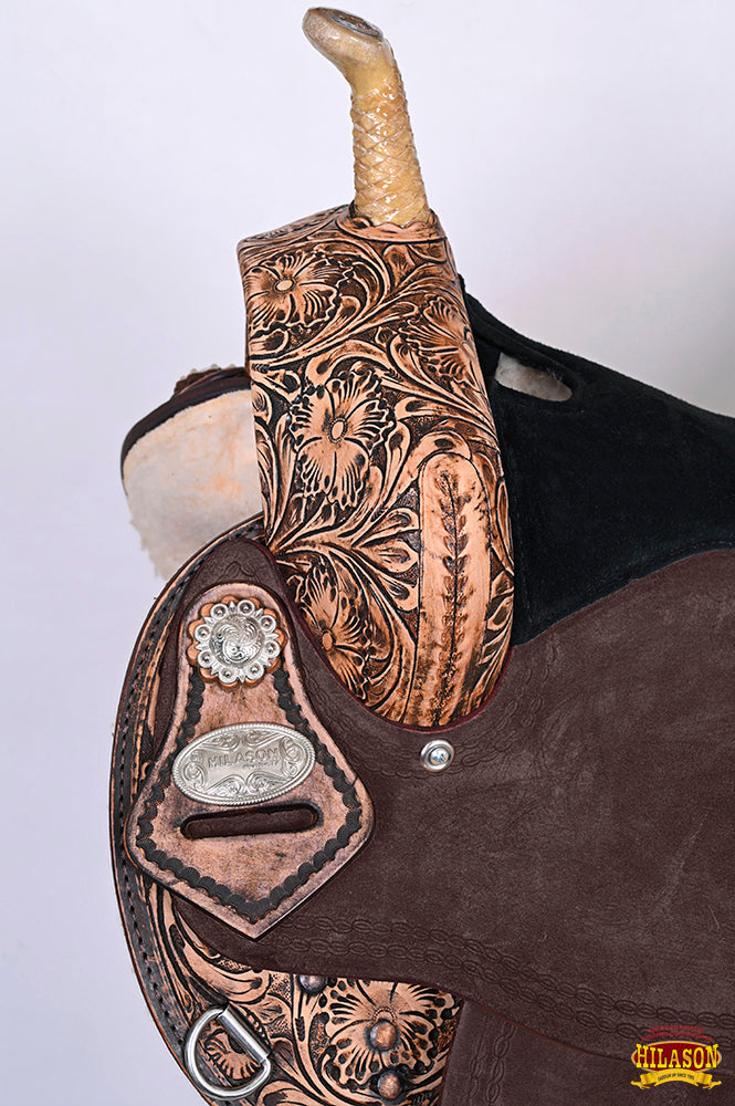 Hilason Western Flex-Tree Floral Hand-Tooled Barrel & Trail Saddle — Antique Brown