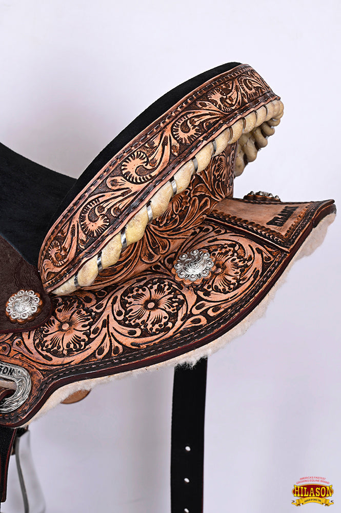 Hilason Western Flex-Tree Floral Hand-Tooled Barrel & Trail Saddle — Antique Brown