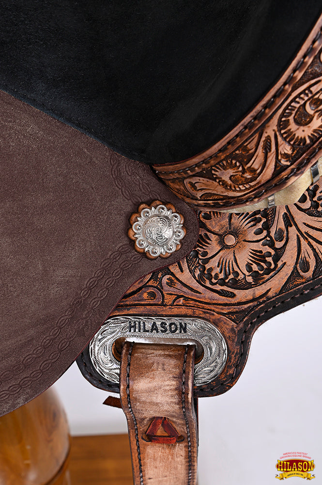 Hilason Western Flex-Tree Floral Hand-Tooled Barrel & Trail Saddle — Antique Brown