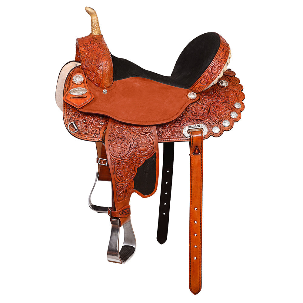 Hilason Western Horse Barrel Flex Tree Trail Saddle American Leather Saddle Tan  Gorgeous Floral Hand Tooled & Carved