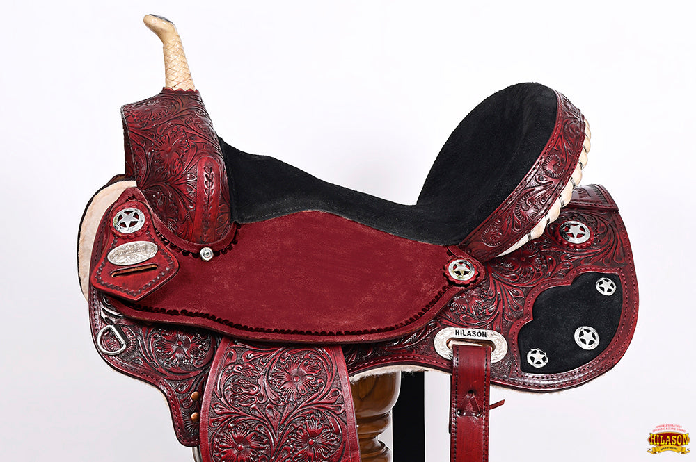 Hilason Western Flex-Tree Floral Hand-Tooled Barrel & Trail Saddle — Mahogany