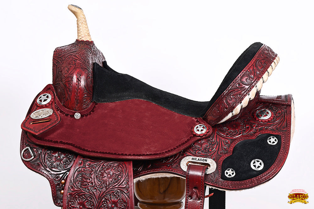 Hilason Western Flex-Tree Floral Hand-Tooled Barrel & Trail Saddle — Mahogany