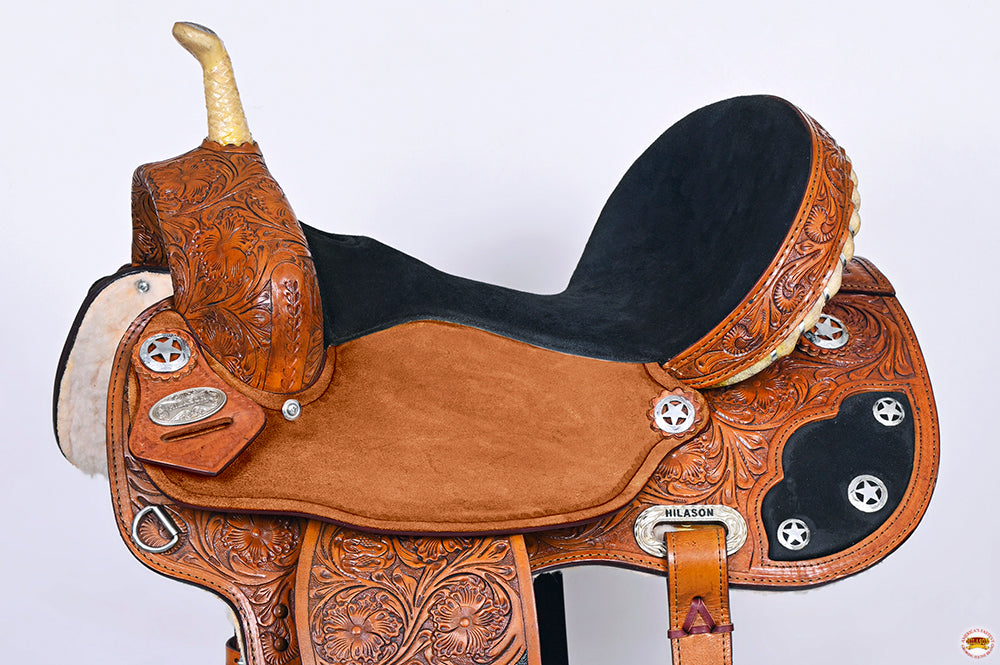 Hilason Floral Hand-Carved Western Trail Saddle — Tan