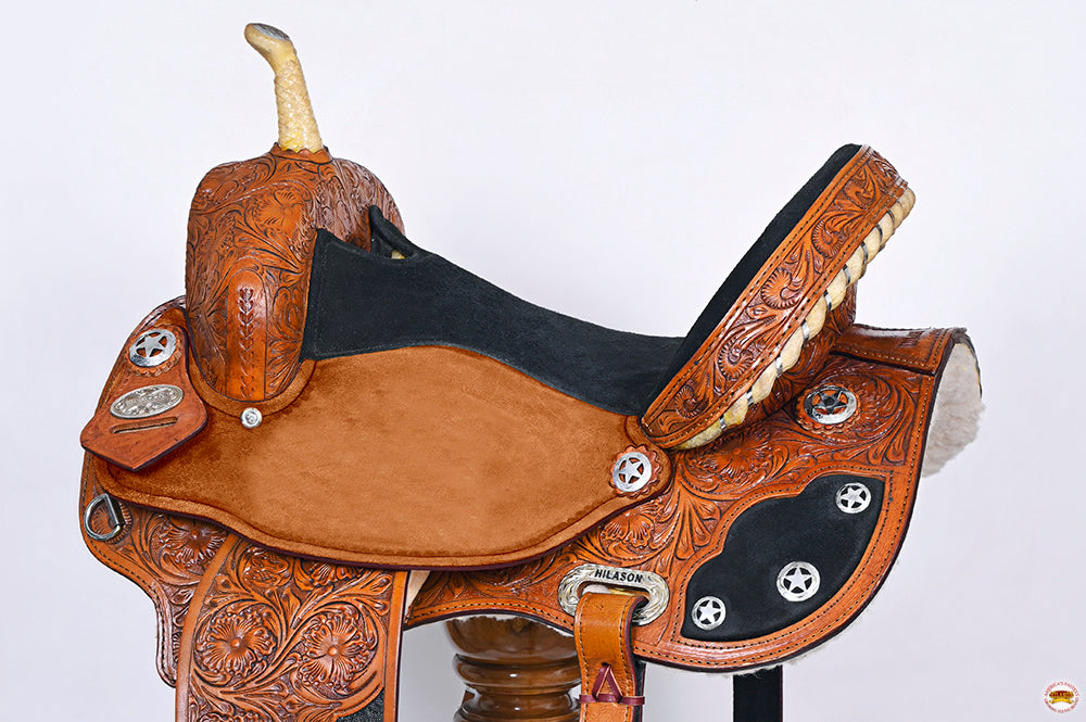 Hilason Floral Hand-Carved Western Trail Saddle — Tan