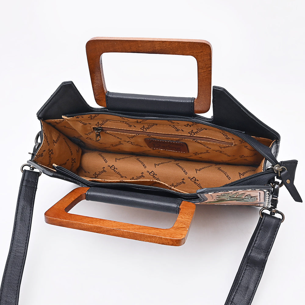 American Darling Hand-Tooled Cross body Bag, Floral Carved Buck Stitched Genuine Leather Western Handbag, YKK Zipper