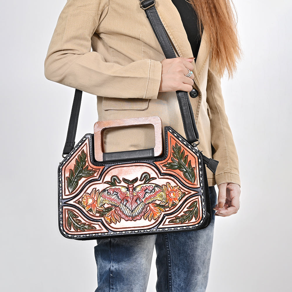 American Darling Hand-Tooled Cross body Bag, Floral Carved Buck Stitched Genuine Leather Western Handbag, YKK Zipper