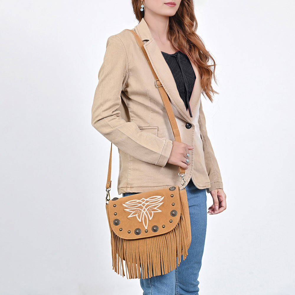 American Darling Genuine Suede Leather Cross body Bag - Fringe, Embroidery & Concho Eco-Friendly Vegetable Tanned Purse