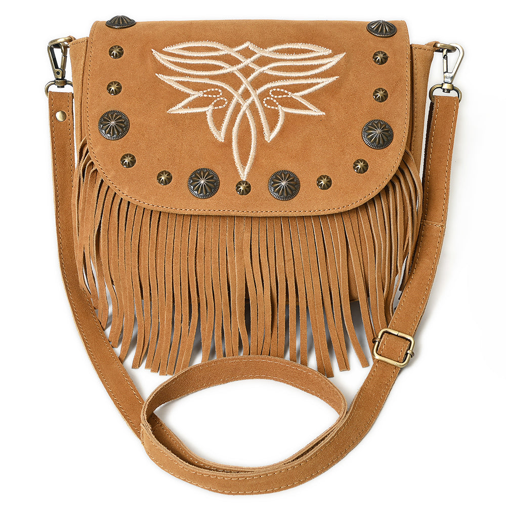 American Darling Genuine Suede Leather Cross body Bag - Fringe, Embroidery & Concho Eco-Friendly Vegetable Tanned Purse