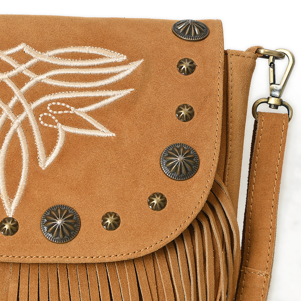 American Darling Genuine Suede Leather Cross body Bag - Fringe, Embroidery & Concho Eco-Friendly Vegetable Tanned Purse