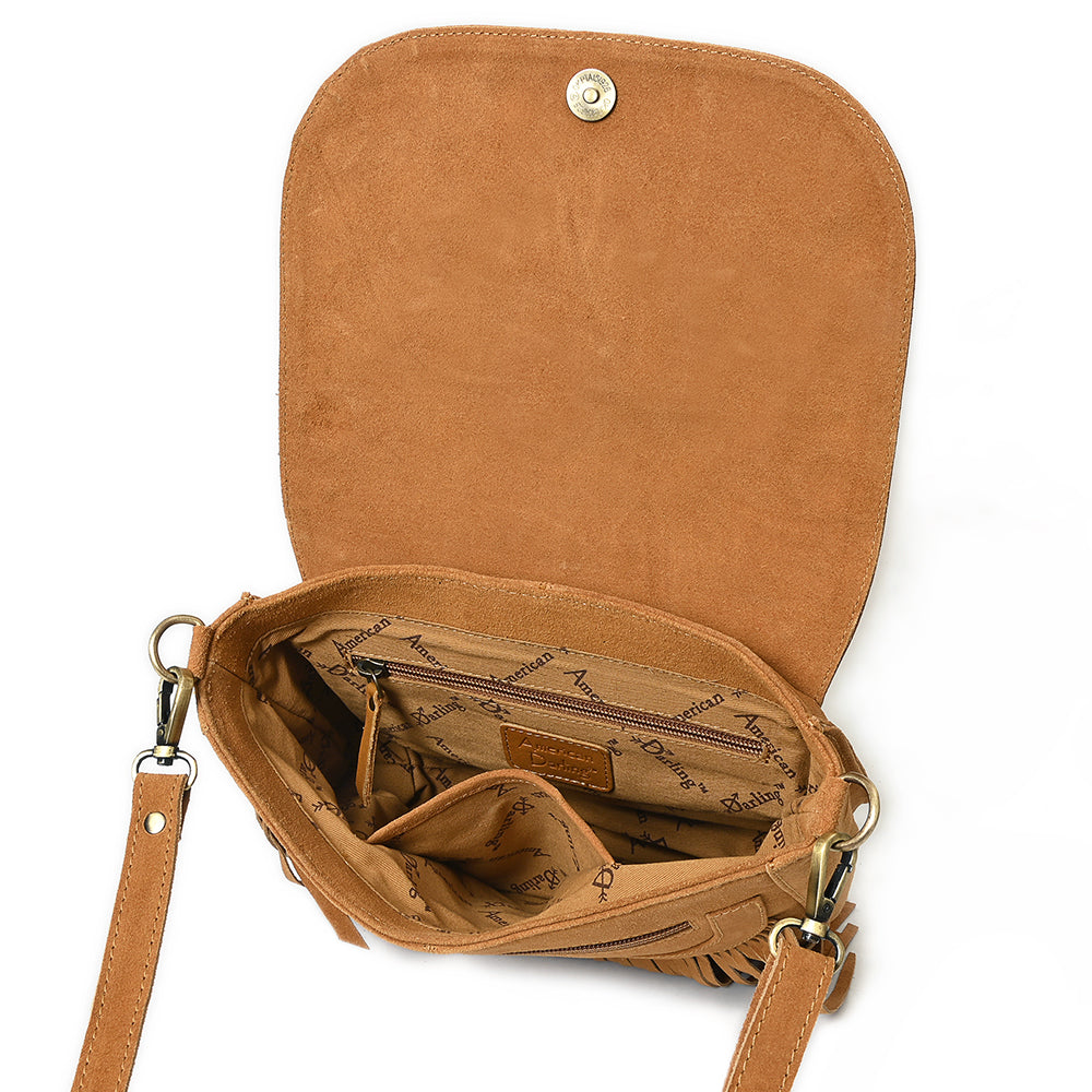 American Darling Genuine Suede Leather Cross body Bag - Fringe, Embroidery & Concho Eco-Friendly Vegetable Tanned Purse