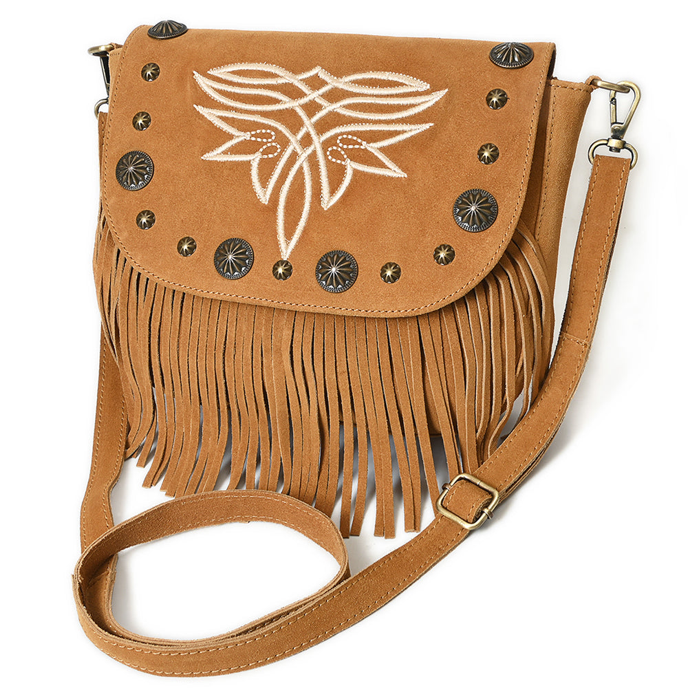 American Darling Genuine Suede Leather Cross body Bag - Fringe, Embroidery & Concho Eco-Friendly Vegetable Tanned Purse