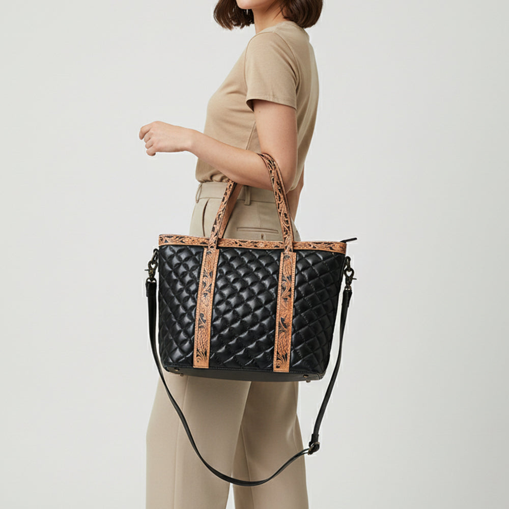 American Darling Tote Bag, Hand-Tooled Floral Carved & Quilted Genuine Leather Western Purse, YKK Zipper