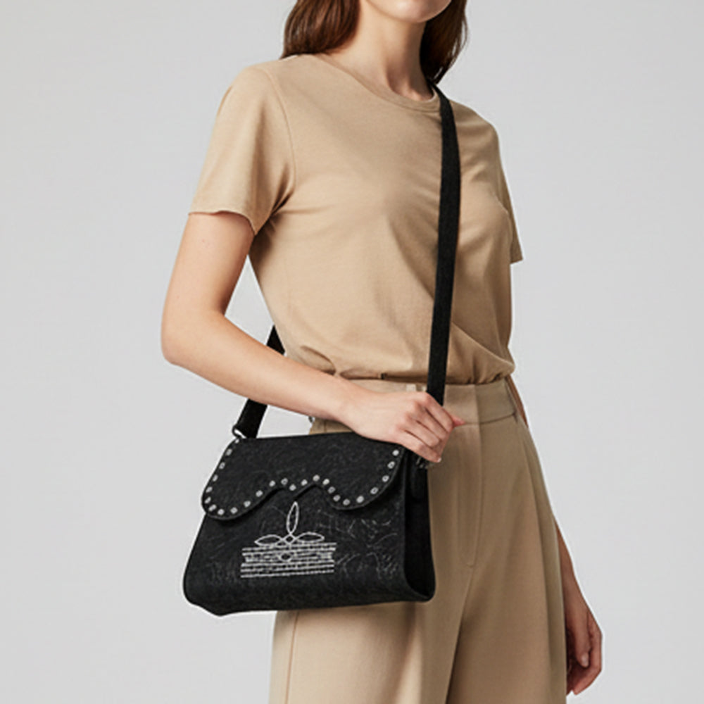 American Darling Small Cross body Bag, Rivets Embossed Damascus Genuine Leather Western Purse with Boot Stitching