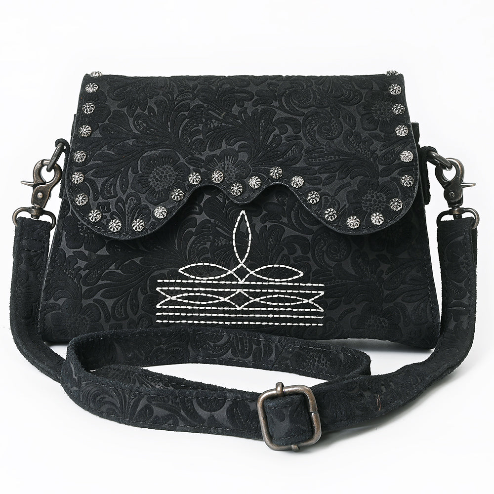 American Darling Small Cross body Bag, Rivets Embossed Damascus Genuine Leather Western Purse with Boot Stitching