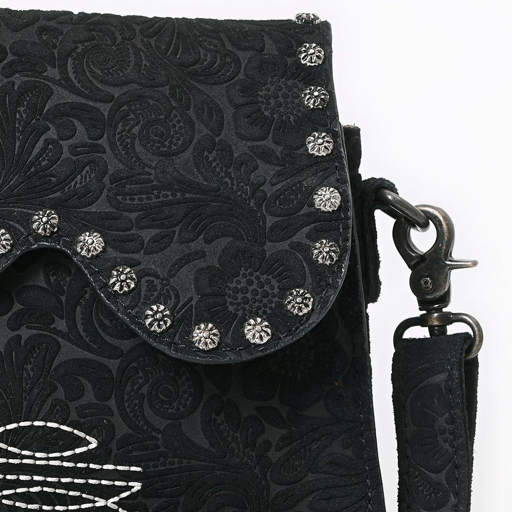 American Darling Small Cross body Bag, Rivets Embossed Damascus Genuine Leather Western Purse with Boot Stitching