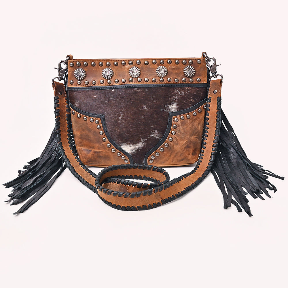 American Darling Cross body Bag Western Hair-On Cowhide Leather Purse with Fringes Concho and Braided Detailing