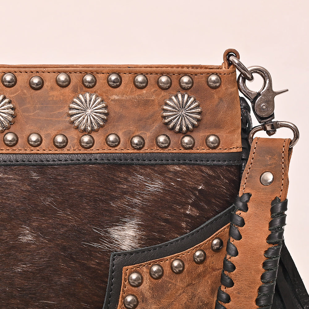 American Darling Cross body Bag Western Hair-On Cowhide Leather Purse with Fringes Concho and Braided Detailing