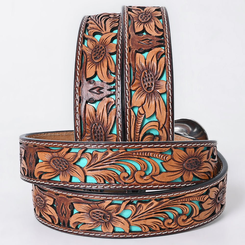 American Darling Floral Hand Carved Painted Belt Buckle Genuine Leather Covered Stylish Brown | Western