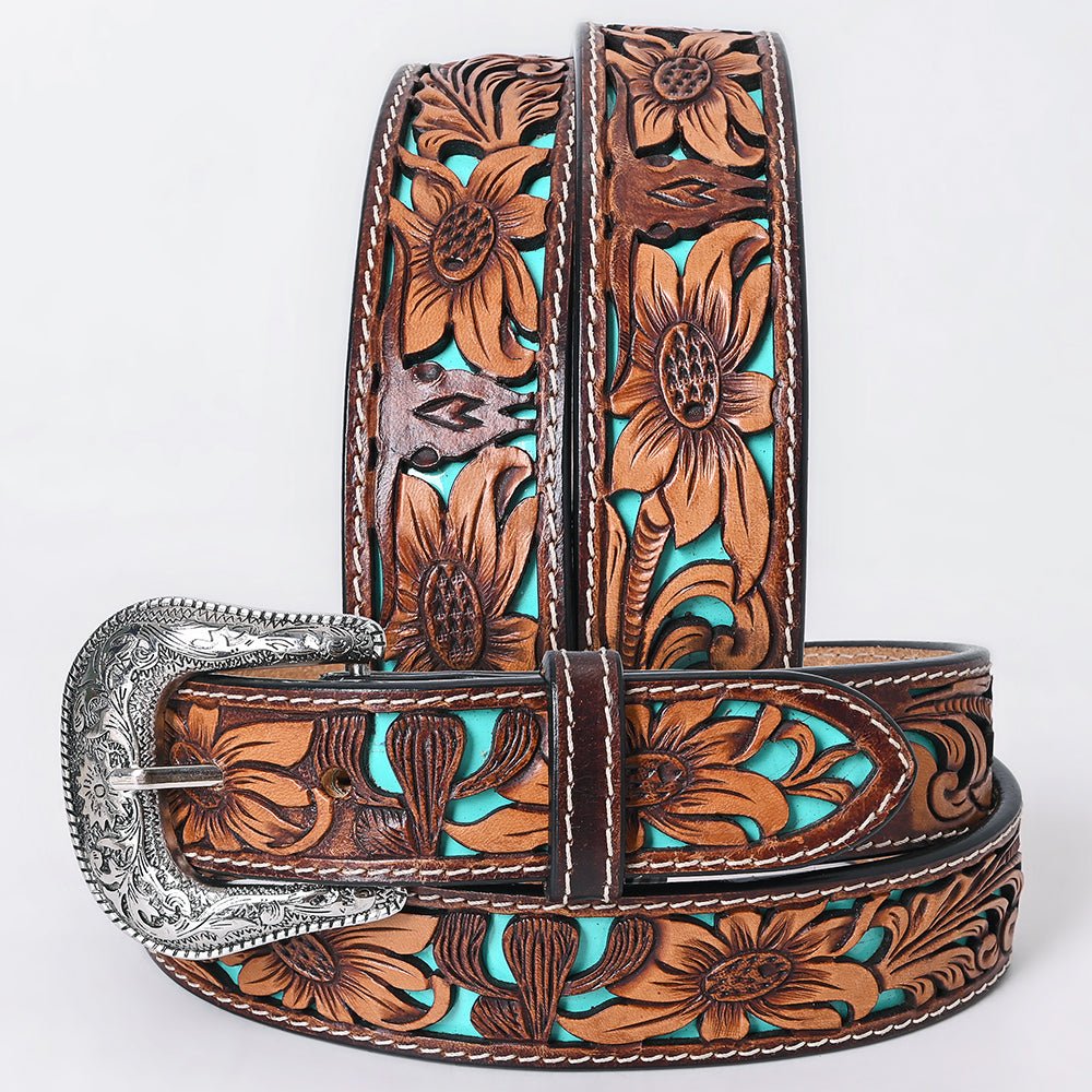 American Darling Floral Hand Carved Painted Belt Buckle Genuine Leather Covered Stylish Brown | Western