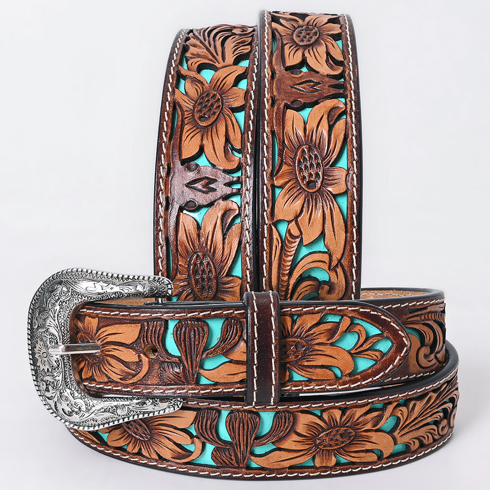 American Darling Floral Hand Carved Painted Belt Buckle Genuine Leather Covered Stylish Brown | Western