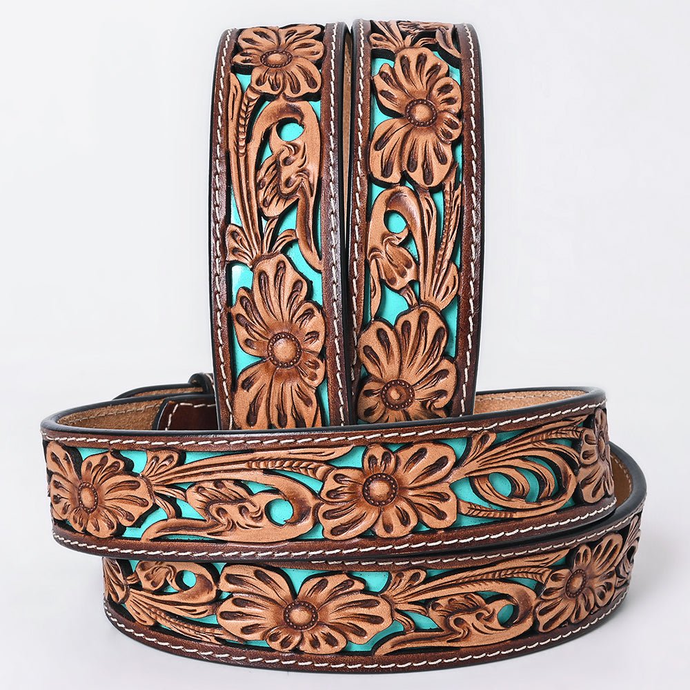 American Darling Floral Hand Carved Painted Belt Buckle Genuine Leather Covered Stylish Brown | Western
