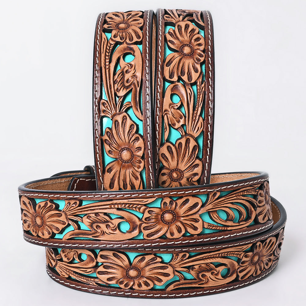 American Darling Floral Hand Carved Painted Belt Buckle Genuine Leather Covered Stylish Brown | Western