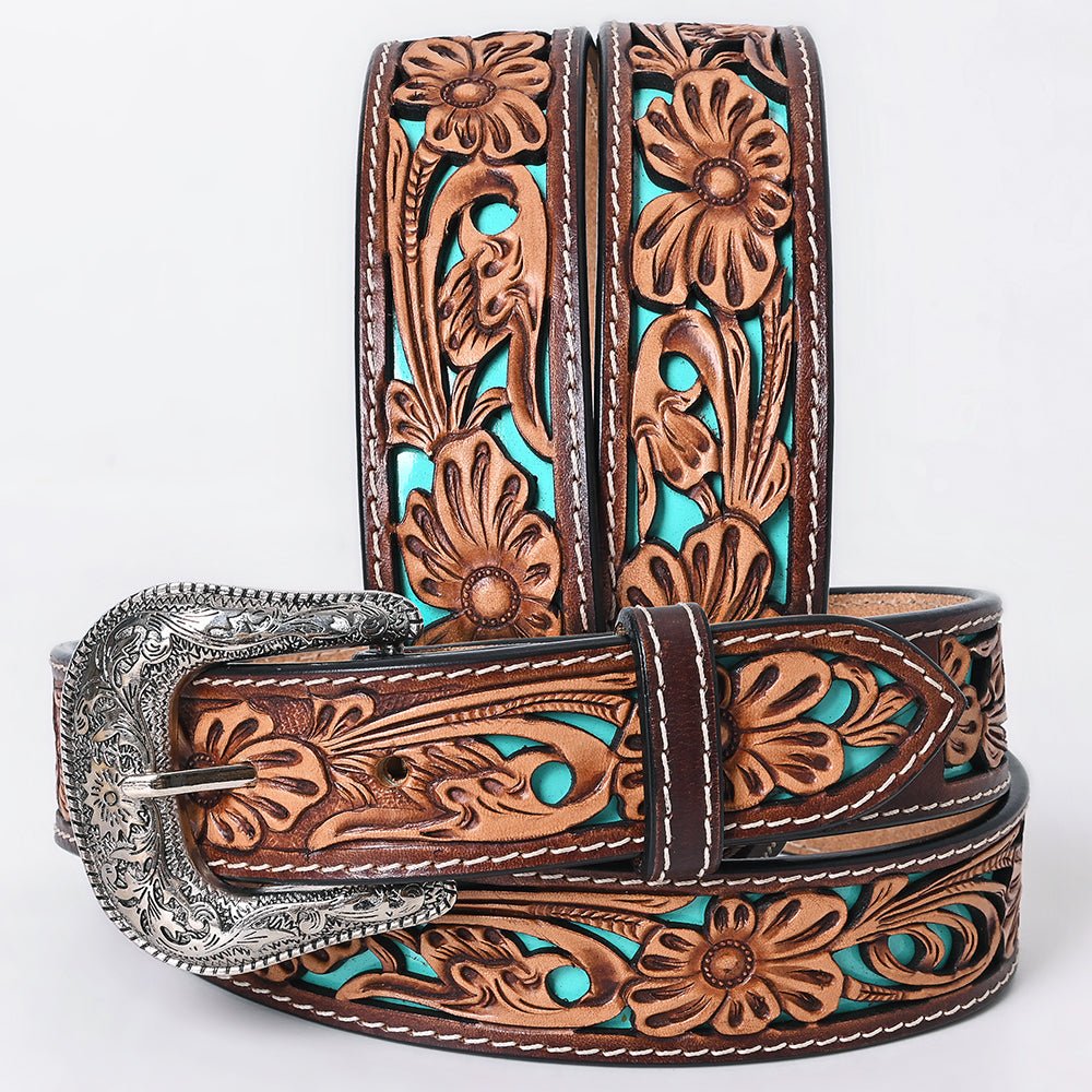 American Darling Floral Hand Carved Painted Belt Buckle Genuine Leather Covered Stylish Brown | Western