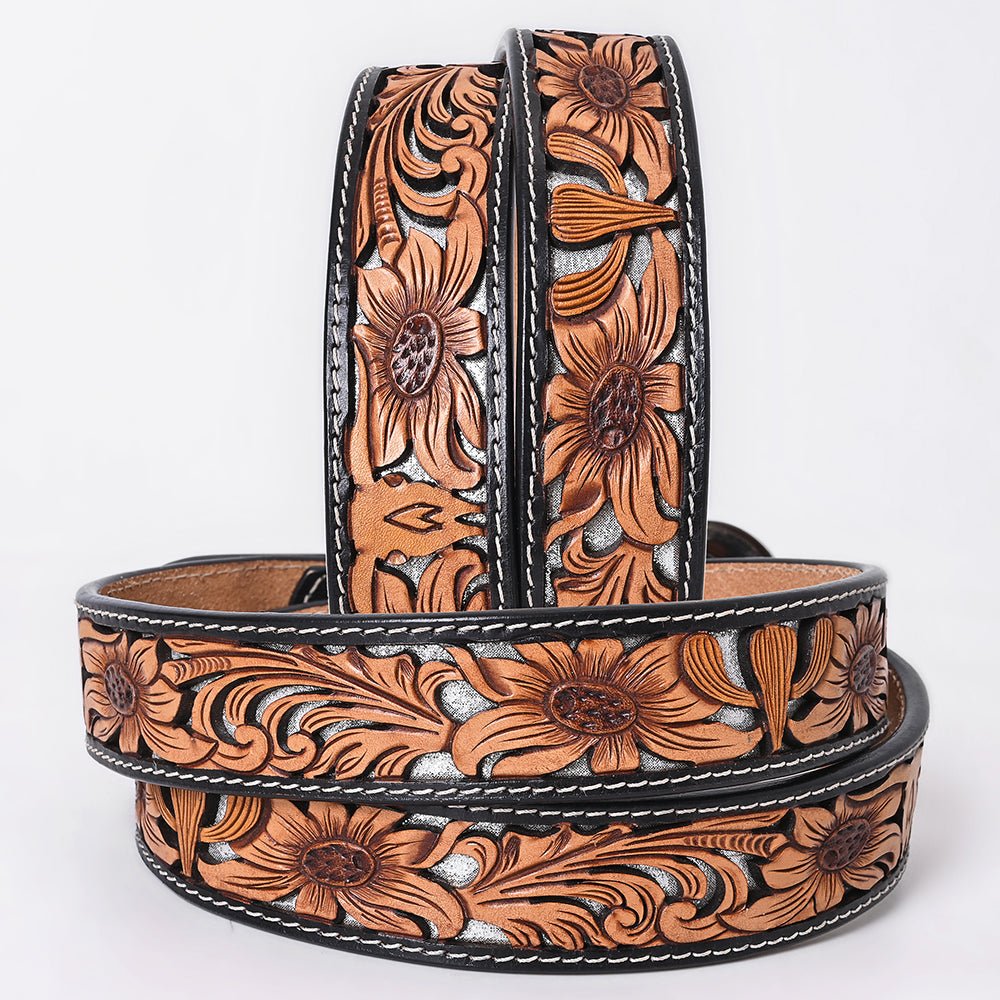 American Darling Floral Hand Carved Painted Belt Buckle Genuine Leather Covered Stylish Brown | Western