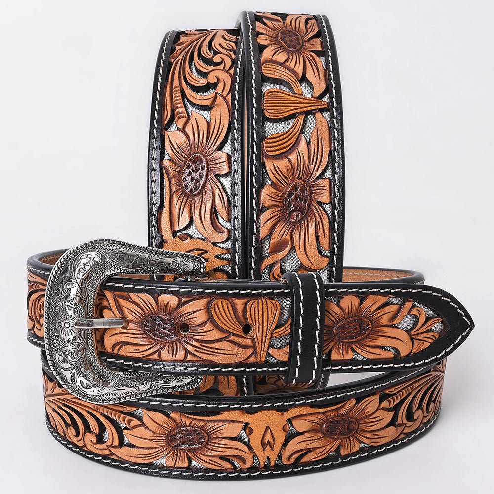 American Darling Floral Hand Carved Painted Belt Buckle Genuine Leather Covered Stylish Brown | Western