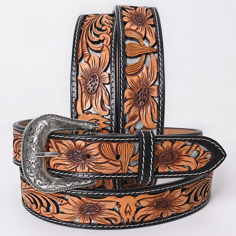American Darling Floral Hand Carved Painted Belt Buckle Genuine Leather Covered Stylish Brown | Western
