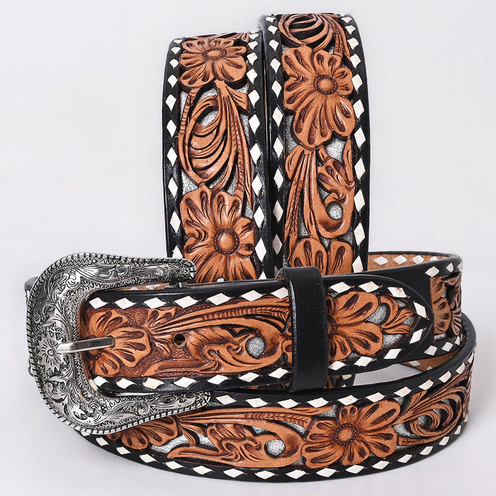 American Darling Floral Hand Carved Painted Belt Buckle Genuine Leather Covered Stylish Brown | Western