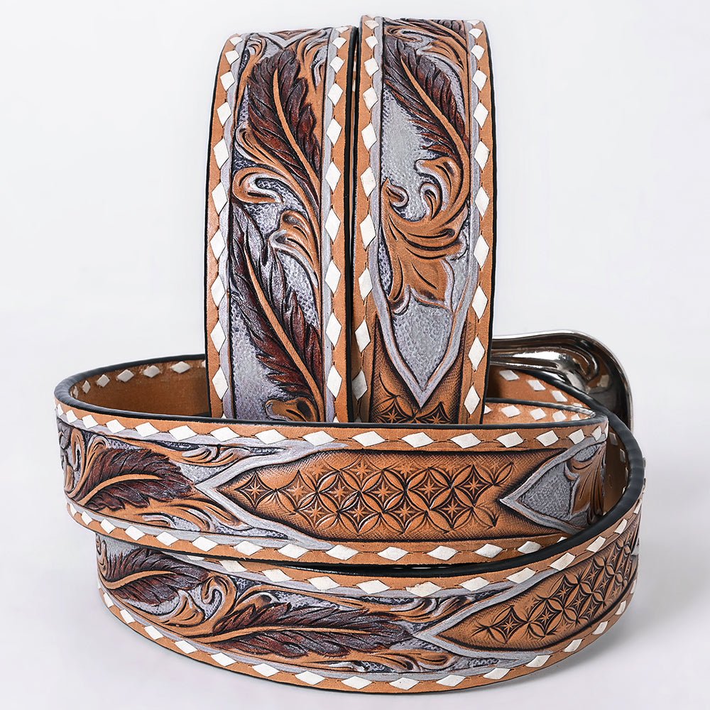 American Darling Floral Hand Carved Painted Belt Buckle Genuine Leather Covered Stylish Brown | Western