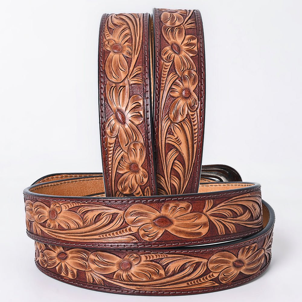 American Darling Floral Hand Carved Painted Belt Buckle Genuine Leather Covered Stylish Brown | Western