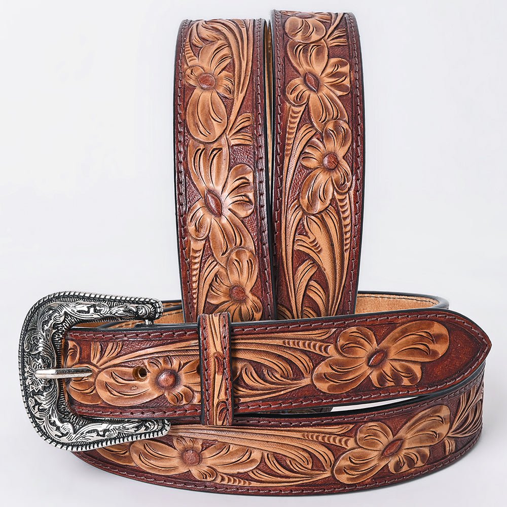 American Darling Floral Hand Carved Painted Belt Buckle Genuine Leather Covered Stylish Brown | Western