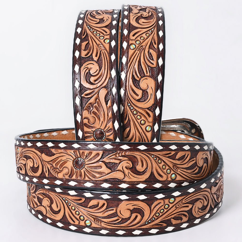American Darling Floral Hand Carved Painted Belt Buckle Genuine Leather Covered Stylish Brown | Western