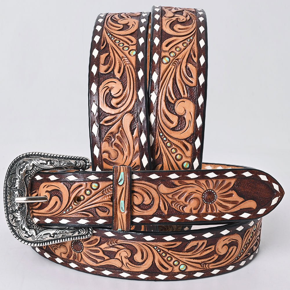 American Darling Floral Hand Carved Painted Belt Buckle Genuine Leather Covered Stylish Brown | Western