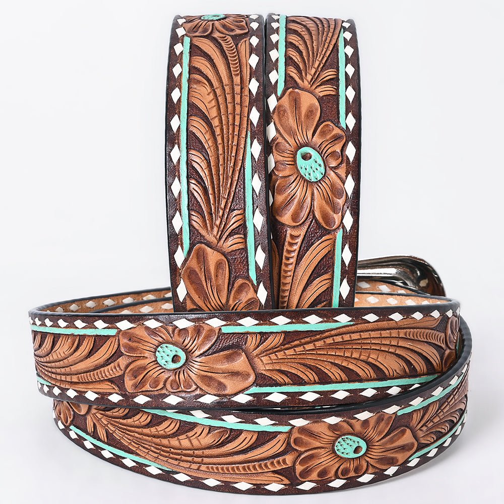 American Darling Floral Hand Carved Painted Belt Buckle Genuine Leather Covered Stylish Brown | Western